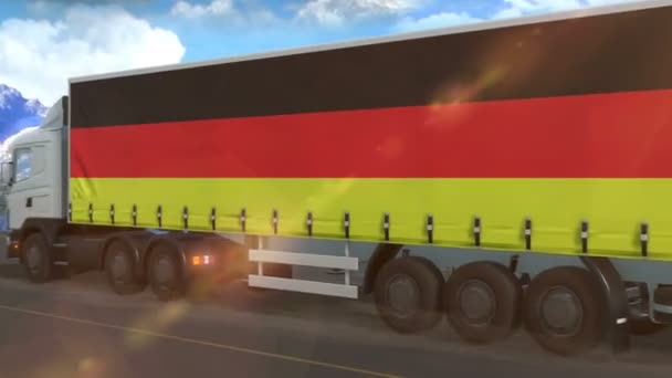 Σημαία Της Γερμανίας Στην Πλευρά Ενός Μεγάλου Φορτηγού Που Οδηγεί — Αρχείο Βίντεο