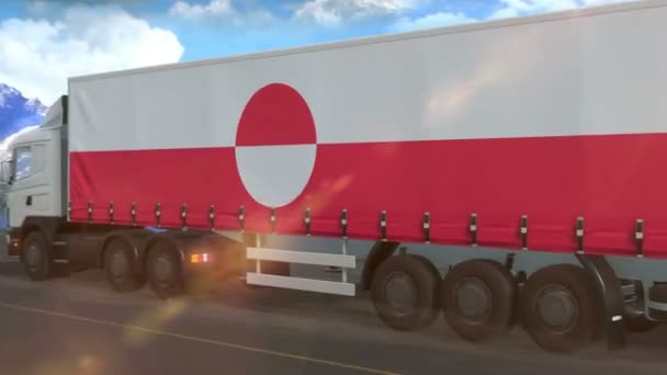 Groenlandse Vlag Afgebeeld Zijkant Van Een Grote Vrachtwagen Die Een — Stockvideo