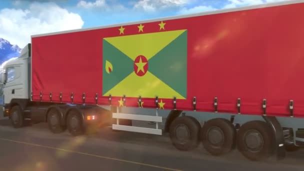 Grenada Flag Shown Side Large Truck Driving Highway — Stock Video