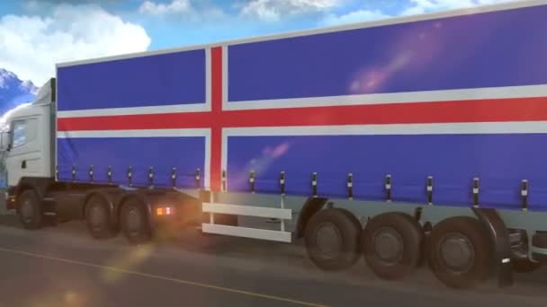 Ijslandse Vlag Afgebeeld Zijkant Van Een Grote Vrachtwagen Die Een — Stockvideo