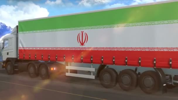 Iranische Flagge Auf Der Seite Eines Großen Lastwagens Der Auf — Stockvideo