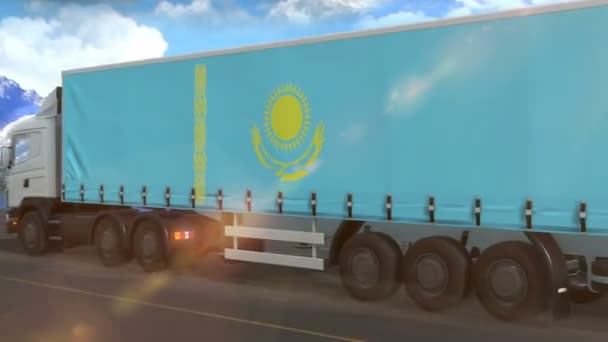 Pavillon Kazakhstan Sur Côté Grand Camion Conduisant Sur Une Autoroute — Video