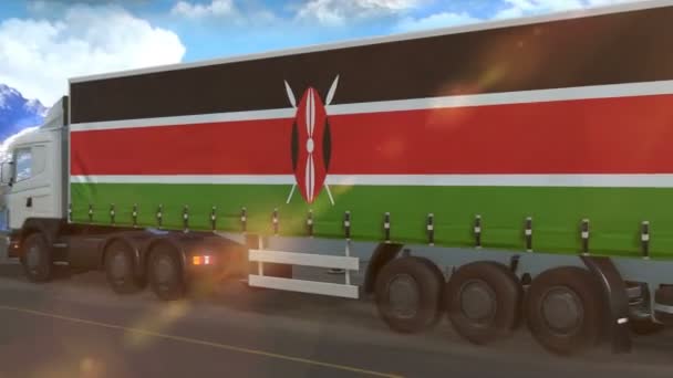 Kenya Flag Shown Side Large Truck Driving Highway — 비디오