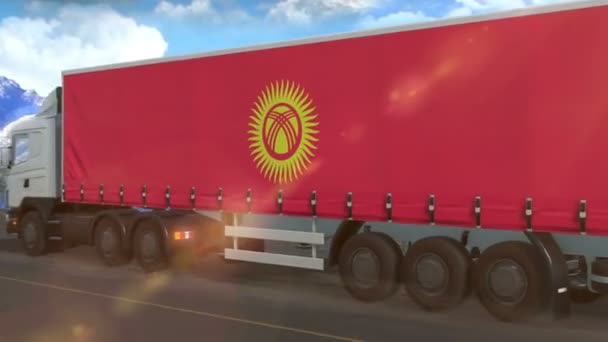 Kyrgyzstan Flag Shown Side Large Truck Driving Highway — Stock Video