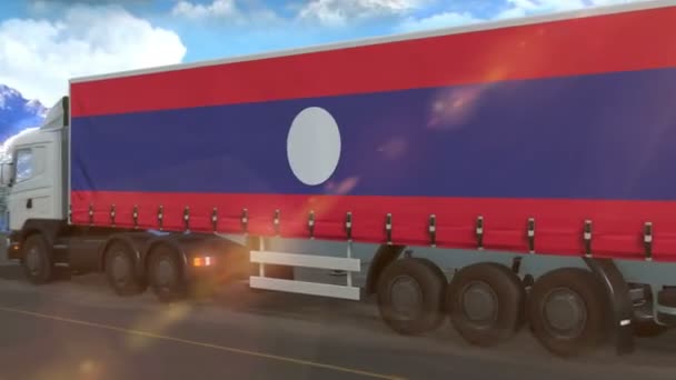 Laos Flag Shown Side Large Truck Driving Highway — 비디오