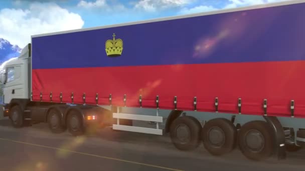 Bandeira Liechtenstein Mostrada Lado Caminhão Grande Dirigindo Uma Rodovia — Vídeo de Stock