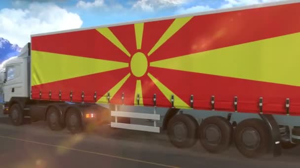 Macedonia Flag Shown Side Large Truck Driving Highway — Stock Video