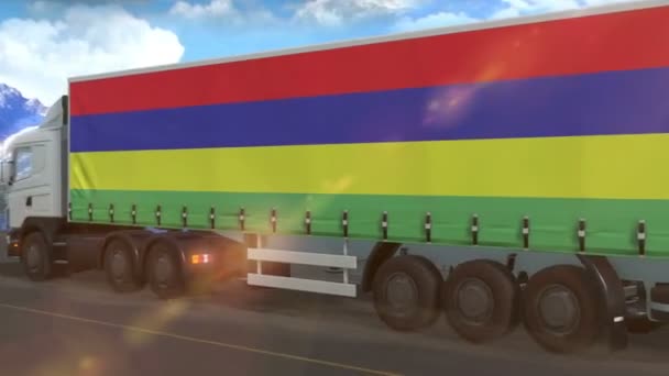 Mauritius Vlag Afgebeeld Zijkant Van Een Grote Vrachtwagen Rijden Een — Stockvideo