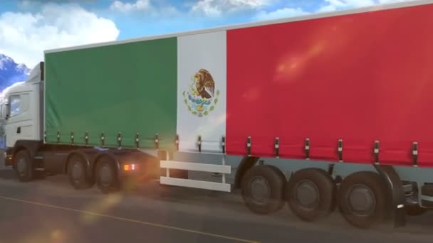 Σημαία Μεξικού Απεικονίζεται Στην Πλευρά Ενός Μεγάλου Φορτηγού Οδήγηση Μια — Αρχείο Βίντεο