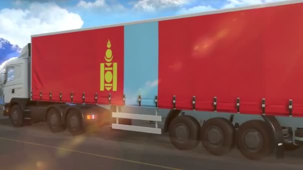 Mongolia Flag Shown Side Large Truck Driving Highway — Stock Video