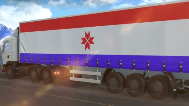 Mordovia Flag Shown Side Large Truck Driving Highway — Stock Video