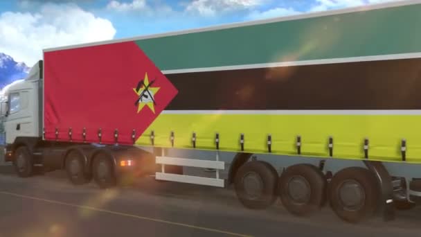 Mozambique Flag Shown Side Large Truck Driving Highway — Stock Video