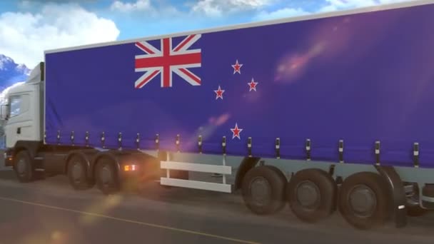 New Zealand Flag Shown Side Large Truck Driving Highway — Stock Video