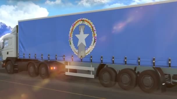 Northern Mariana Islands Flag Shown Side Large Truck Driving Highway — ストック動画