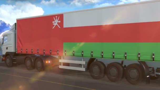 Oman Flag Shown Side Large Truck Driving Highway — 비디오