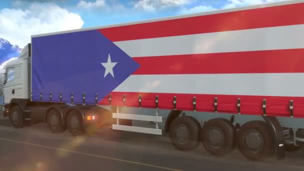 Bandeira Porto Rico Mostrada Lado Caminhão Grande Dirigindo Uma Rodovia — Vídeo de Stock