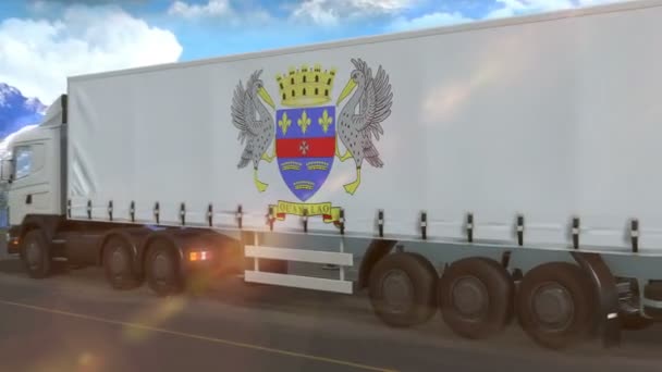 Bandera San Bartolomé Mostrada Costado Camión Grande Conduciendo Por Una — Vídeos de Stock