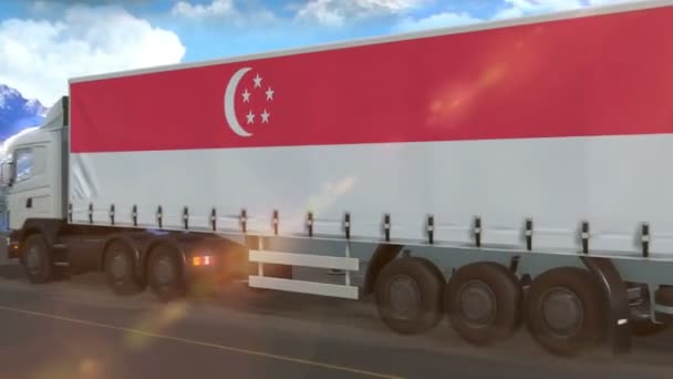 Singapore Flag Shown Side Large Truck Driving Highway — 비디오