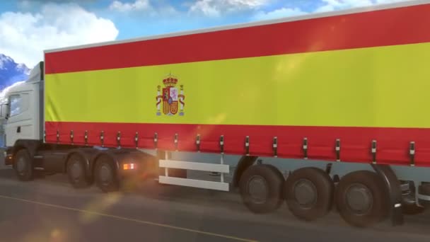 Spain Flag Shown Side Large Truck Driving Highway — Stock Video
