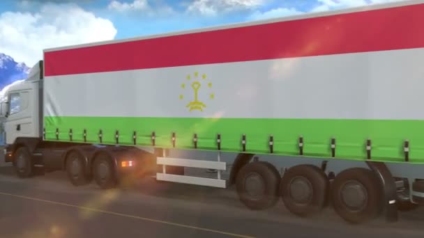 Tajikistan Flag Shown Side Large Truck Driving Highway — ストック動画