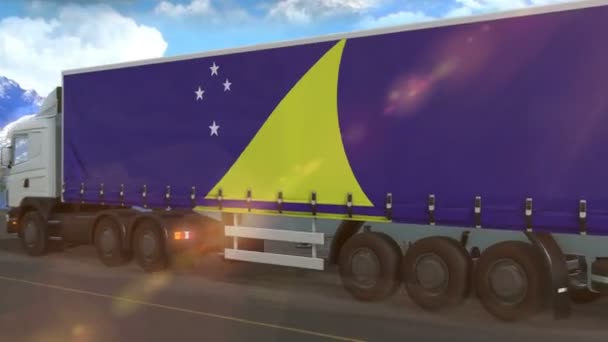 Tokelau Flag Shown Side Large Truck Driving Highway — 비디오