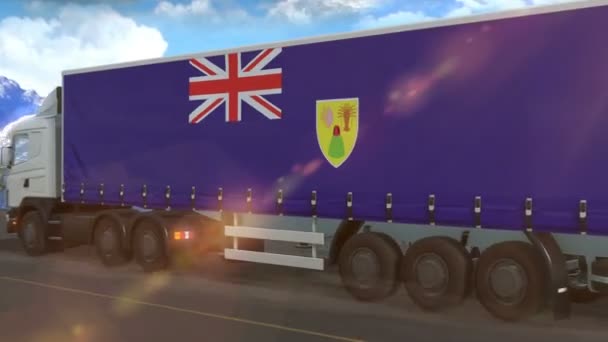 Turks Caicos Islands Flag Shown Side Large Truck Driving Highway — Stock video