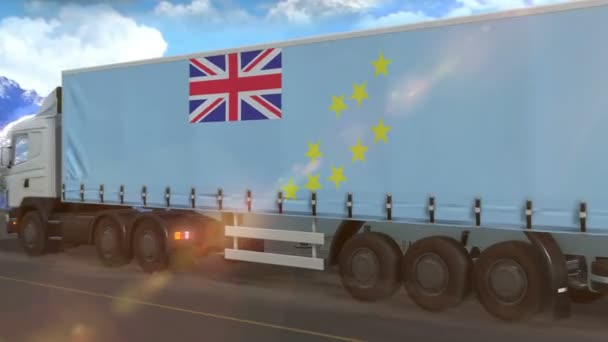 Bandera Tuvalu Mostrada Lado Camión Grande Conduciendo Una Carretera — Vídeos de Stock