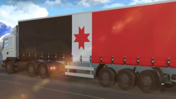 Прапор Удмуртії Показаний Стороні Великої Вантажівки Їде Шосе — стокове відео