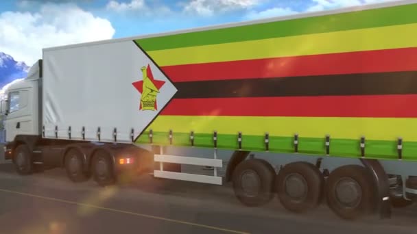 Bandera Zimbabue Mostrada Costado Camión Grande Conduciendo Una Carretera — Vídeos de Stock