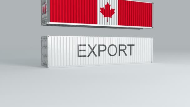 Üzerinde Export Yazan Bir Konteynırın Üzerine Düşen Bayrak Olan Kanada — Stok video