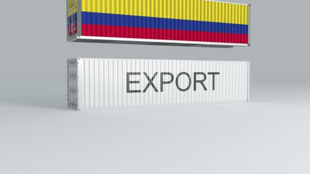 Recipiente Colômbia Com Bandeira Quedas Cima Recipiente Rotulado Exportação Quebra — Vídeo de Stock