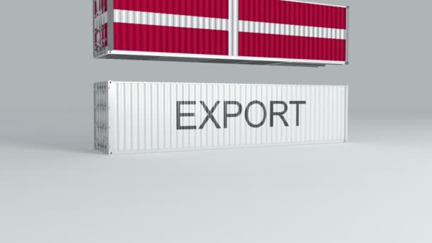 Dánia Lobogója Alatt Közlekedő Konténer Egy Export Címkével Ellátott Konténer — Stock videók