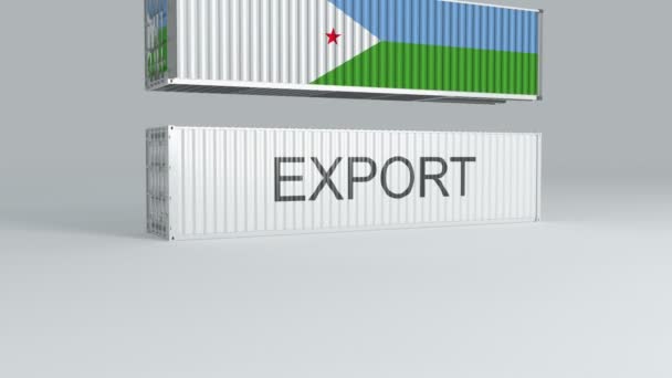 Djibouti Contenedor Con Bandera Caídas Parte Superior Contenedor Etiquetado Exportar — Vídeo de stock