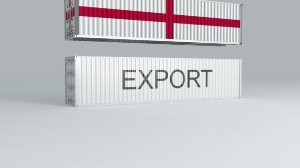 Export Etiketli Bir Konteynırın Üzerine Düşen Bayrak Ile Ngiltere Konteynırı — Stok video