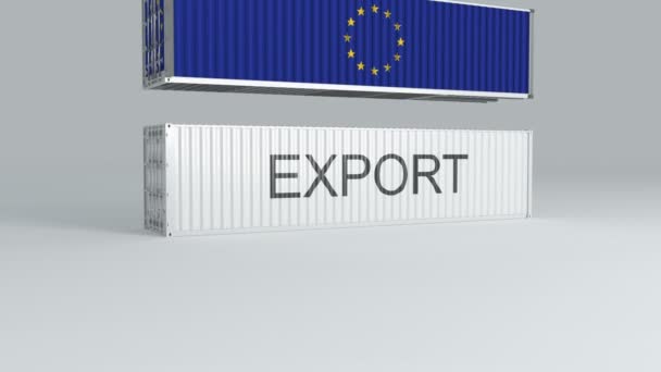 European Union Container Flag Falls Top Container Labeled Export Breaks — Stock Video