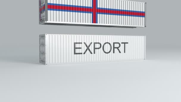 Контейнер Фарерского Острова Флагом Водопадов Крыше Контейнера Надписью Export Разбивает — стоковое видео