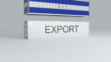 Üzerinde EXPORT etiketi olan bir konteynırın üzerine düşme bayrağı olan Honduras konteynırı kırılıyor.