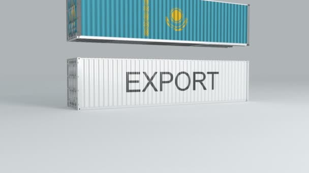 Kazakstan Container Med Flaggan Faller Toppen Behållare Märkt Export Och — Stockvideo