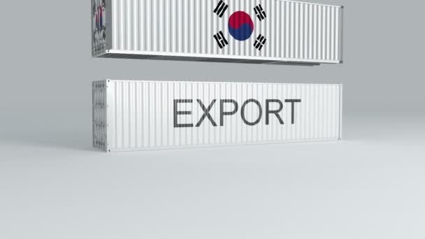 旗の付いた韓国のコンテナは Exportという名前のコンテナの上に落ち それを壊します — ストック動画