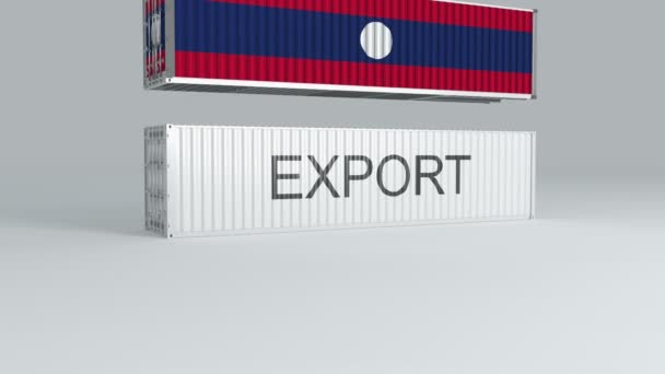 Laos Container Met Vlag Valt Bovenop Een Container Met Naam — Stockvideo