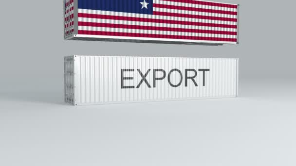 Liberia Contenedor Con Bandera Cae Parte Superior Contenedor Etiquetado Exportar — Vídeos de Stock