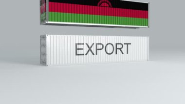 Üzerinde bayrak olan Malawi konteynırı ExPORT etiketi olan bir konteynırın üzerine düşer ve onu kırar.