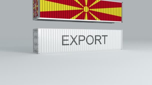 フラグを持つマケドニアのコンテナは 輸出というラベルのコンテナの上に落ち それを破る — ストック動画