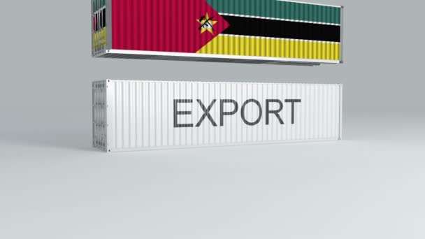 Mozambique Contenedor Con Bandera Cae Parte Superior Contenedor Etiquetado Exportar — Vídeos de Stock