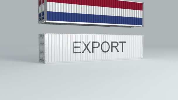 Netherlands Container Flag Falls Top Container Labeled Export Breaks — Stock Video