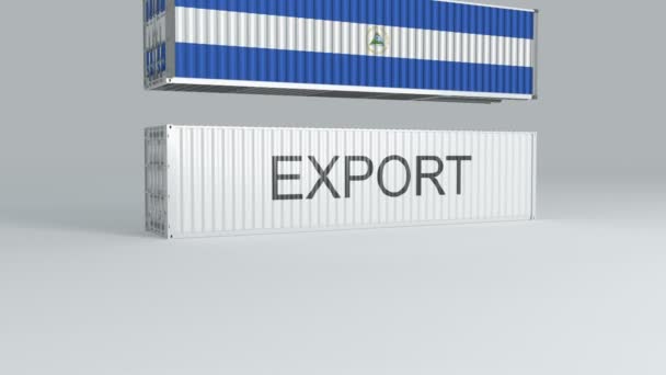 Nicaragua Container Flag Falls Top Container Labeled Export Breaks — Stock Video