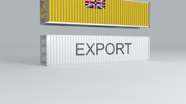 Niue Contenitore Con Bandiera Cade Sopra Contenitore Etichettato Export Rompe — Video Stock