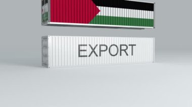 Üzerinde bayrak olan Filistin konteynırı EXPORT etiketi olan bir konteynırın üzerine düştü ve onu kırdı.