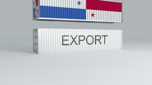 Bayrağı Taşıyan Panama Konteynırı Export Etiketli Bir Konteynırın Üzerine Düşer — Stok video