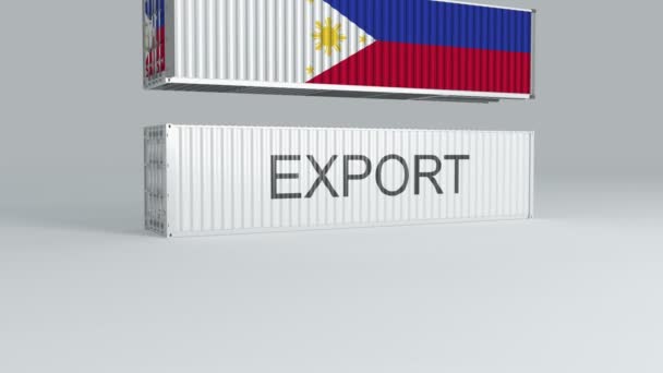 Filipinas Contenedor Con Bandera Cae Parte Superior Contenedor Etiquetado Exportar — Vídeo de stock